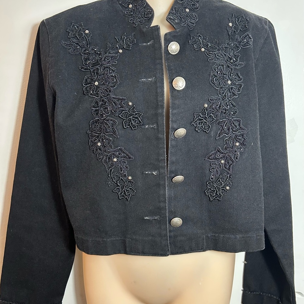 Women's denim jacket embroidered with beads and rhinestones. Size M. $35.